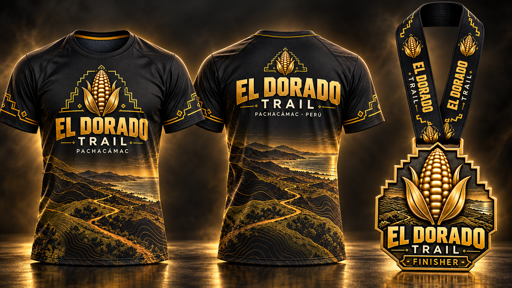 Diseño del kit de El Dorado Trail: polo delantero, espalda y medalla con cinta